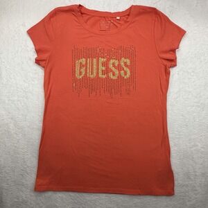 Guess T-Shirt Womens XL Coral Red Rhinestone Logo Short Sleeve